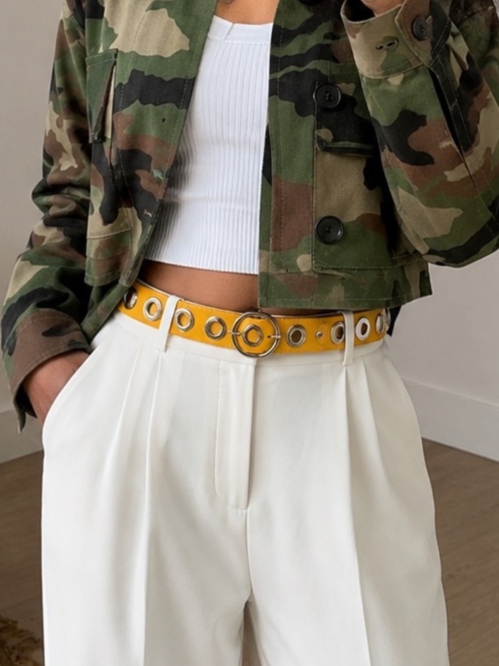 Sandro Paris Yellow Grommet Leather Belt with Gold Hardware T2 M